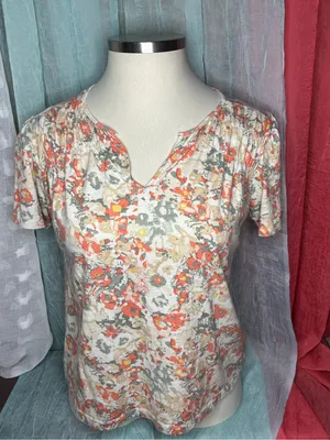 L.L. Bean Floral Short-Sleeve V-Neck Top in Ivory and Coral thumbnail 1