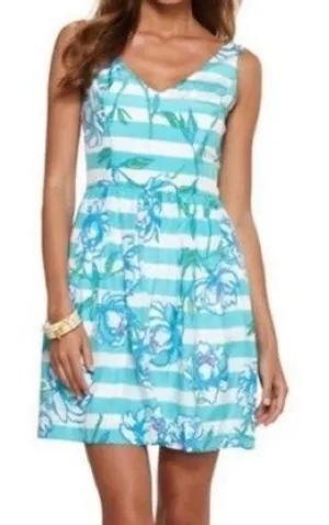 Lilly Pulitzer Roswell Dress Tossing the Line Shorely Blue Stripe Silk 00 Resort thumbnail 1