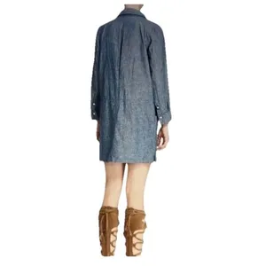 Free People “Done Up In Denim” Sz Small Blue Mini Dress Deep V Shawl Collar Boho thumbnail 3