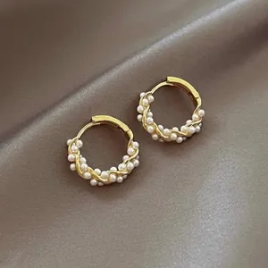 18K Gold Plated White Pearl Hoop Earrings for Women thumbnail 1