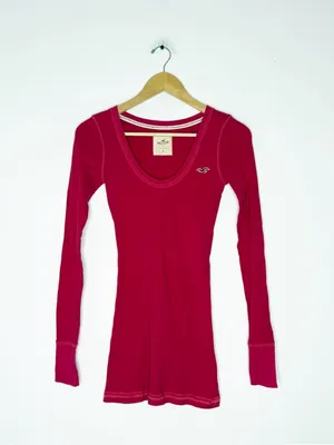 Hollister Y2K Pink Ribbed Long Sleeve Top Scoop Neck Logo Tee Size Medium thumbnail 2