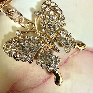Gold tone butterfly rhinestone hang tag/keychain thumbnail 2