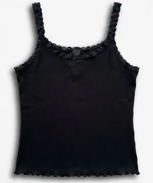 H&M Divided Black Ribbed‎ Lace Trim Camisole Tank Top Lettuce Edge Hem Womens thumbnail 1