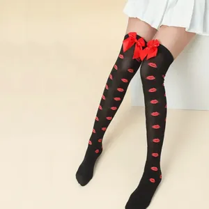 Lips Kiss Mesh Thigh High Stockings Bow Decor Valentines Day Over The Knee Socks thumbnail 8