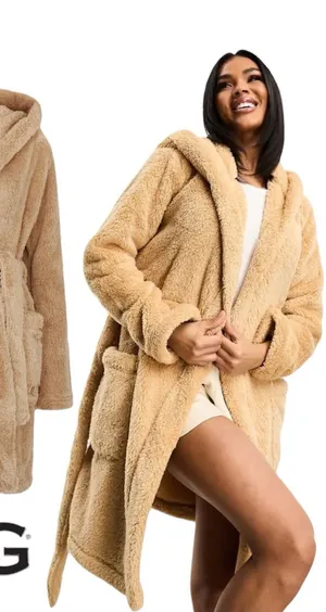 UGG Aarti Hooded Teddy Sherpa Fleece Robe in San Camel Beige NWT Sz. M thumbnail 1