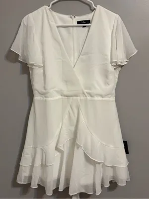 Lulus White Ruffle Wrap Mini Dress Flutter Sleeve Tie Waist Size L NWT thumbnail 1