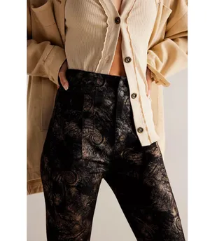 Free People NWT Jayde Black Tie Printed Metallic Black Flare Jeans thumbnail 4