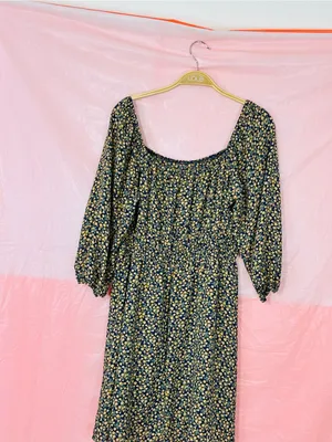 AUW Navy and Yellow Floral Square-Neck Midi Dress thumbnail 9