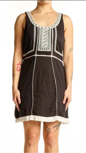 Free People Black Mini Dress with White Embroidered Trim thumbnail 1