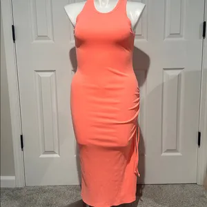Aerie Neon Orange Ruched Ribbed Midi Dress with side slit size small‎ thumbnail 3