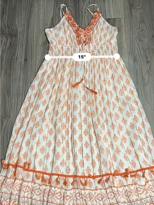 Me 2 Magic Boho Maxi Dress Orange White Embroidered V-Neck Fringe. thumbnail 14