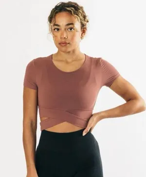 Alphalete Ultrasoft Wrap around Tie Short Sleeve Workout TOP Medium pink thumbnail 1