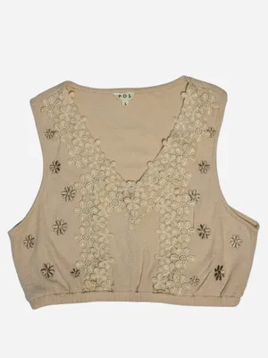 POL Women's Beige Waffle Knit Floral Embroidered Cropped Vest thumbnail 7