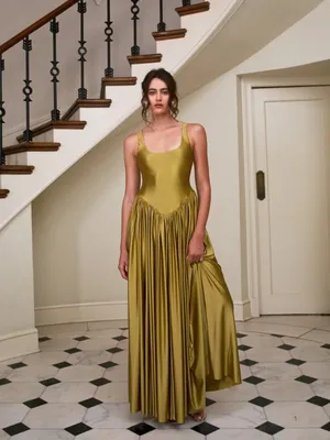 Delfi Collective Oriana Satin Scoop-Neck Maxi Dress in Olive thumbnail 2