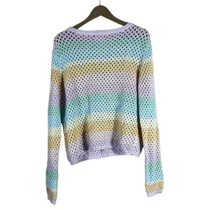 Pink Lily Pastel Striped Crochet Scoop Neck Sweater Multicolor Colorful Size XL thumbnail 5