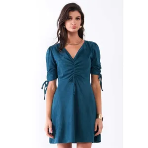 Sugar + Lips Faux Suede Mini Homecoming Dress‎ Women M Teal Ruched Boho Holiday thumbnail 3