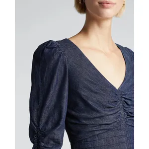 TANYA TAYLOR Pansy Dress Blue‎ Denim Pleated Mini Puffed Sleeves Flirty Size 6 thumbnail 4