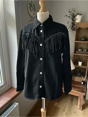 Zara Black Denim Studded Fringe Western Jacket XS Shacket thumbnail 2