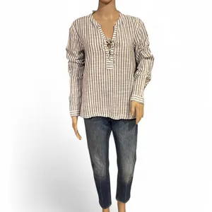 Abercrombie & Fitch White & Black Striped Lace Up Boho Top Size Large Cotton thumbnail 2