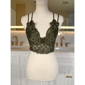 Anemone Lace Bralette Womens Medium Olive Green Boho Smocked Back Lined Strappy thumbnail 7