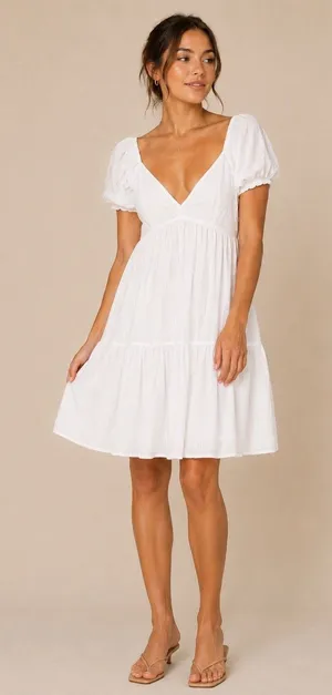 Bohme White Cottagecore Puff Sleeve Dress M Smocked Babydoll NWT Tiered thumbnail 1