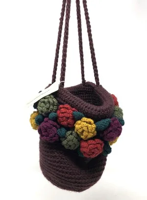 ANTHROPOLOGIE brown crochet wool bag with crochet flowers, NWT thumbnail 3