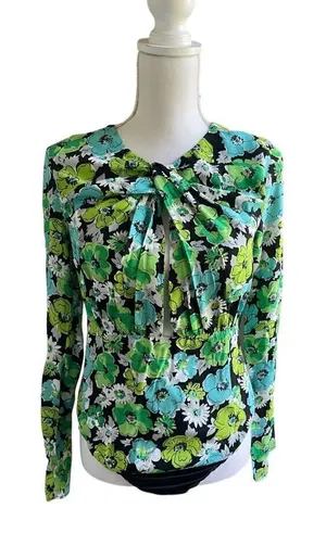 NWOT. Zara Draped Floral Blue Green Long Sleeve Cut Out Bodysuit M thumbnail 1