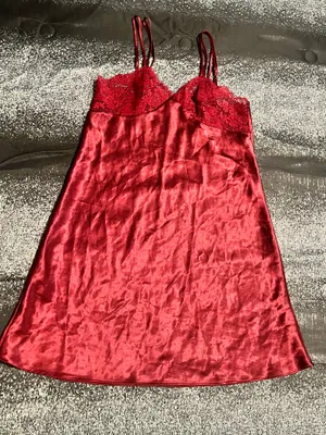 Womens large Darjeeling vibrant ruby red satin slip nightgown. thumbnail 1