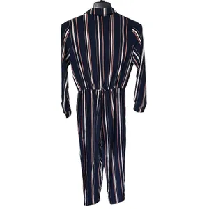 Jumpsuit Striped Ladies Size Medium Striped Elastic Waistband Pockets Navy Blue‎ thumbnail 6