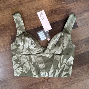 Oh Polly Olive Green Floral Jacquard Crop corset bustier Top thumbnail 3