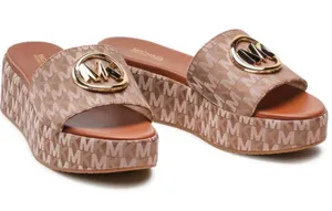 MICHAEL Michael Kors Brown Monogram Platform Slide Sandals with Gold Logo thumbnail 1
