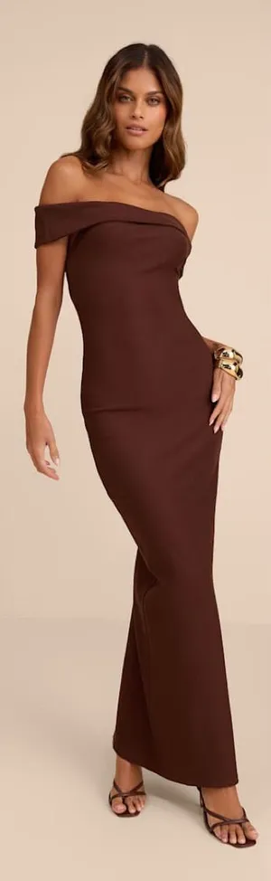 Lulus Chastain Brown Ponte Knit Off-the-Shoulder Maxi Dress Size Medium Formal thumbnail 1