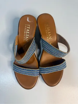 Italina Blue Striped Fabric Wedge Sandals thumbnail 4