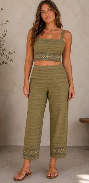 Muse 2 Piece Pant Set Womens 8 Green 100% Silk Beaded Embroidered Crop Top Pants thumbnail 1