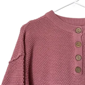 Pink waffle knit sweater buttons casual crewneck warm winter fall oversized thumbnail 2