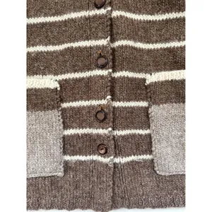 Hand Knit Brown Striped Wool Feel Cardigan Sweater Collared Cottagecore Medium thumbnail 4