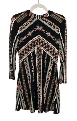 Free People Long Sleeve Geometric Print Mini Dress Black Rust‎ Front Zip Size M thumbnail 1