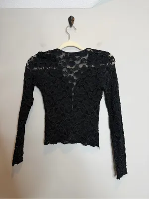 VTG Bisou Bisou USA Black Floral Sheer Lace Whimsigoth Top Long Sleeve Y2K XS thumbnail 4