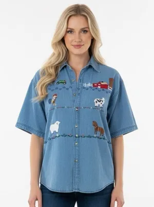 VINTAGE country western farm denim button down shirt size XLarge thumbnail 1
