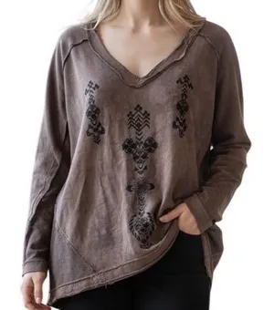 FREE PEOPLE Brown Embroidered V-Neck Boho Top Raw Edge Long‎ Sleeve XS thumbnail 1