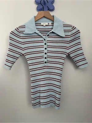A.L.C. Frank XS Sydney Top Polo Henley Slim Fit Baby Blue Stripe Preppy Work Office thumbnail 2