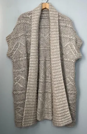 Lagenlook One Size Gray Chunky Cable Knit Wool Cardigan Cozy Minimalist Boho thumbnail 1