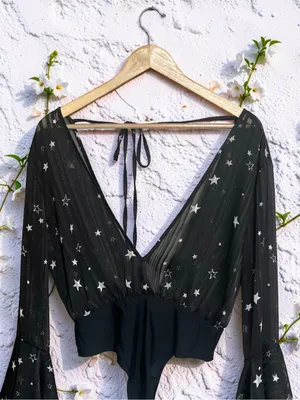 Nasty Gal Black Star Print Sheer Bell Sleeve Bodysuit Size 6 thumbnail 6
