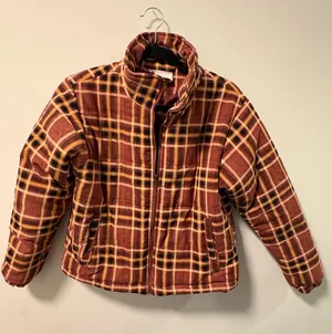 Brown/maroon and beige plaid puffer jacket from Blush Boutique thumbnail 1
