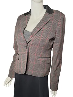 Willi Smith blazer wmns 8 Glen‎ plaid red gray faux leather collar single button thumbnail 1
