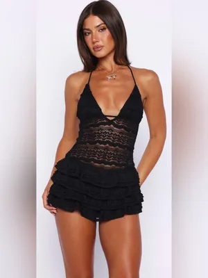White Fox Boutique Black Lace Ruffle Mini Dress thumbnail 2