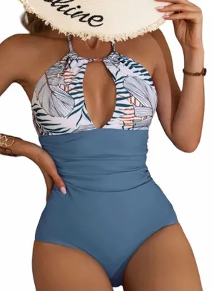 SheIn Tropical print ruched halter 1-piece swimsuit. New. Size XL thumbnail 1