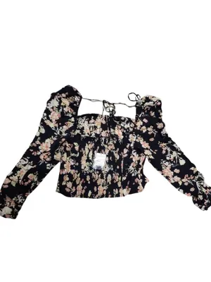 Free People Black Boho Floral Print Long Sleeve W/ Smock Detail Viscose Top NWT thumbnail 8