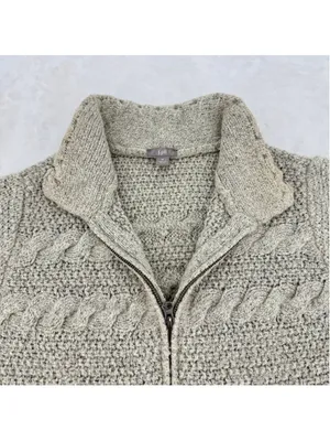 J Jill Tan Cable Knit Cardigan Sweater Zip Front Cottagecore Fisherman Sz Medium thumbnail 5