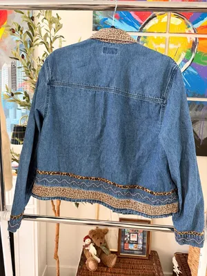 Y2K Vintage Western Country Boho Chic Leopard Print Beaded Trim Denim Jacket thumbnail 12
